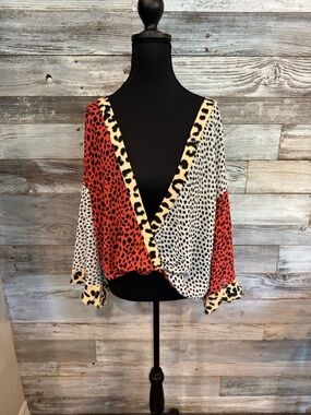 Umgee Colorblock Leopard Wrap Top - Red, Cream, Black
